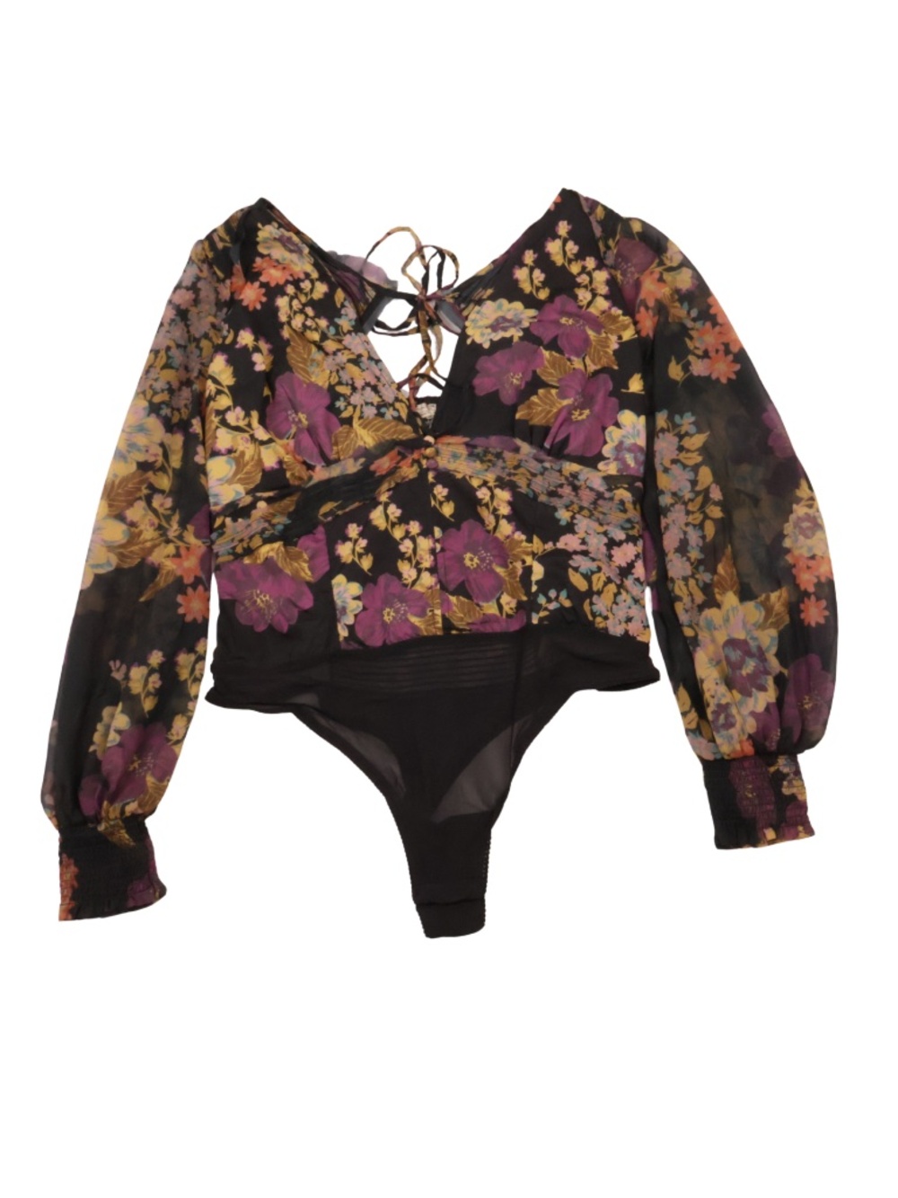 Free People Floral Sheer Bodysuit Medium Boho Romantic Statement Top